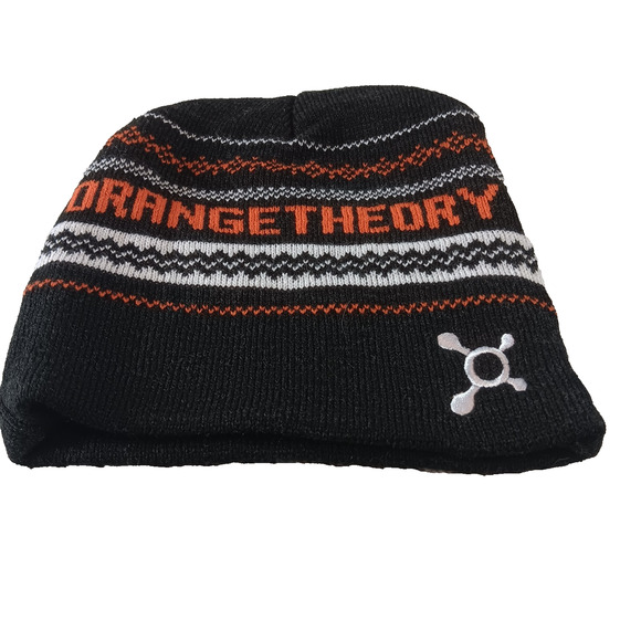 Orange Theory Fitness Winter Knitted Beanie Hat Toque Black Charcoal Gray Stripe - Picture 1 of 6